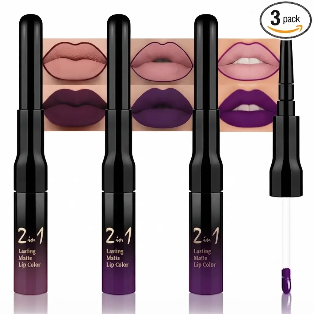3Pcs 2 in 1 Burgundy Red Black Dark Purple Matte Lip Liner and Liquid Lipstick Stain Makeup Set for women, Long Lasting Smudge Proof Lip Tint Matte Finish Lip Gloss for All-Day Color Hold, Set28