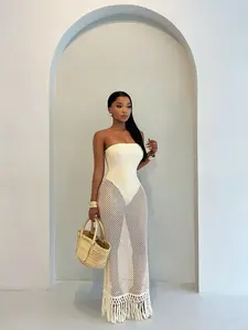 Women's Summer Beach Crochet Mesh Fringe Sleeveless Dress, Fake Two-Piece Design, Sexy Transparent Strapless Dress, Perfect for Beach Vacation