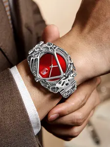 Gothic Punk Skeleton Watch Antiqued Gunmetal Skeleton Case & Band, Blood Orange Dial, Date Window, 3D Skull Frame Design, Ideal for Edgy Streetwear & Alternative Gifting, Punk Style Watch