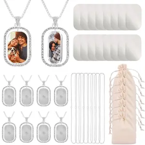 40-Piece Sublimation Silvery Rhinestone Pendant Necklace Set - 8 Double-Sided Blank Rhinestone Bezel Trays, Thick Chains, 16 Sublimation Discs, Storage Bags - Ideal for Valentine's Day, Anniversary Gift
