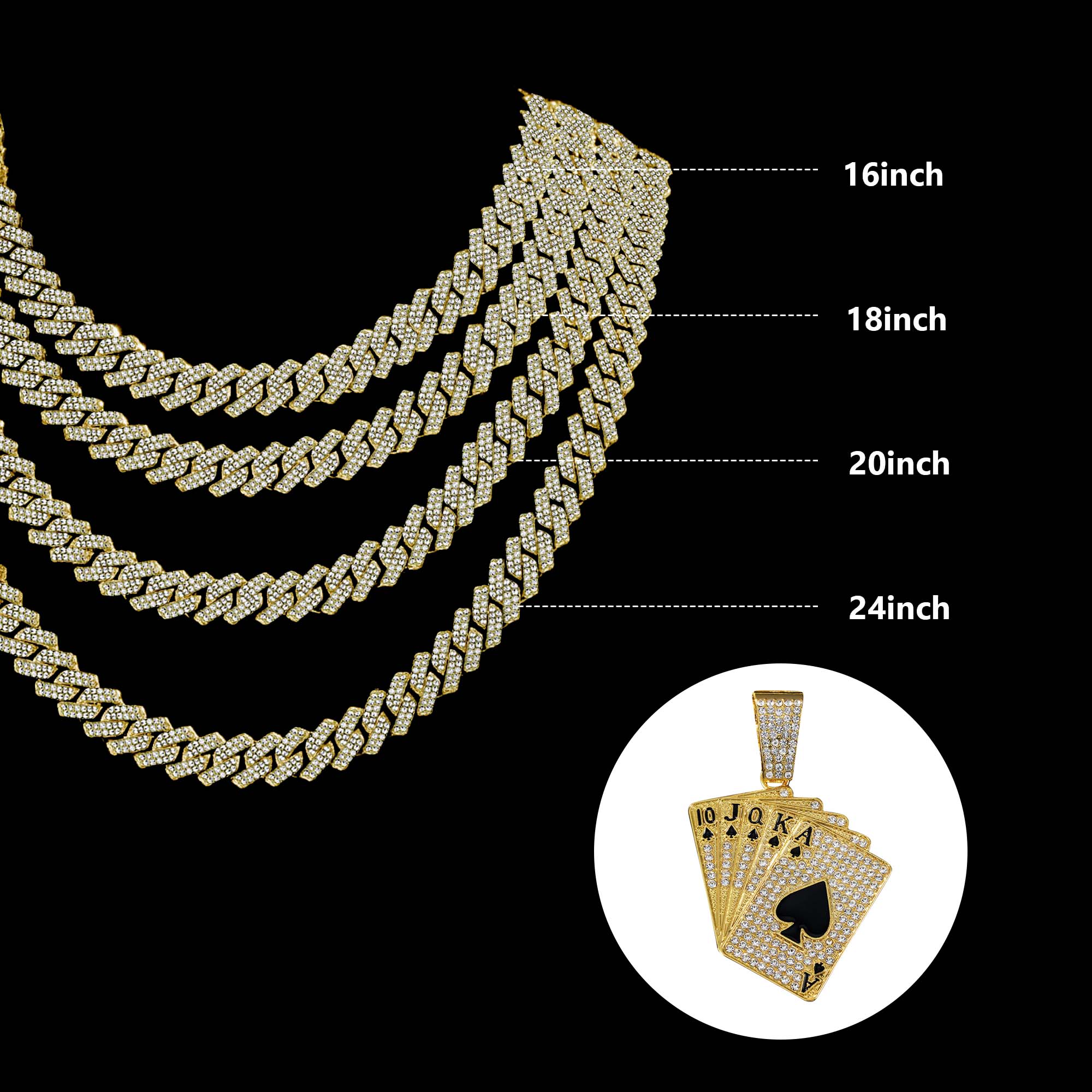 Miami Cuban Link Chain with Royal Flush Playing Card Pendant Inch Silver Zinc Alloy Hip Hop Necklace Lucky Charm Jewelry for Men Women