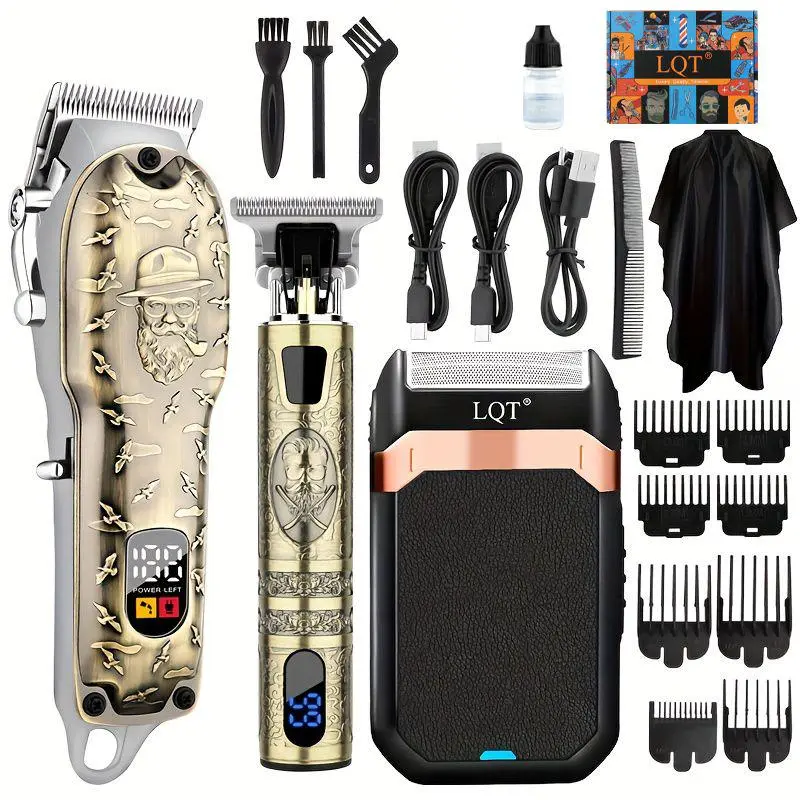 LQT Vintage Engraved Barber Clipper Set, 3-in-1 Cordless Grooming Kit with Hair Clipper, Detail Trimmer & Foil Shaver, LCD Display Rechargeable Tools for Men, Complete Haircut Accessories Included
