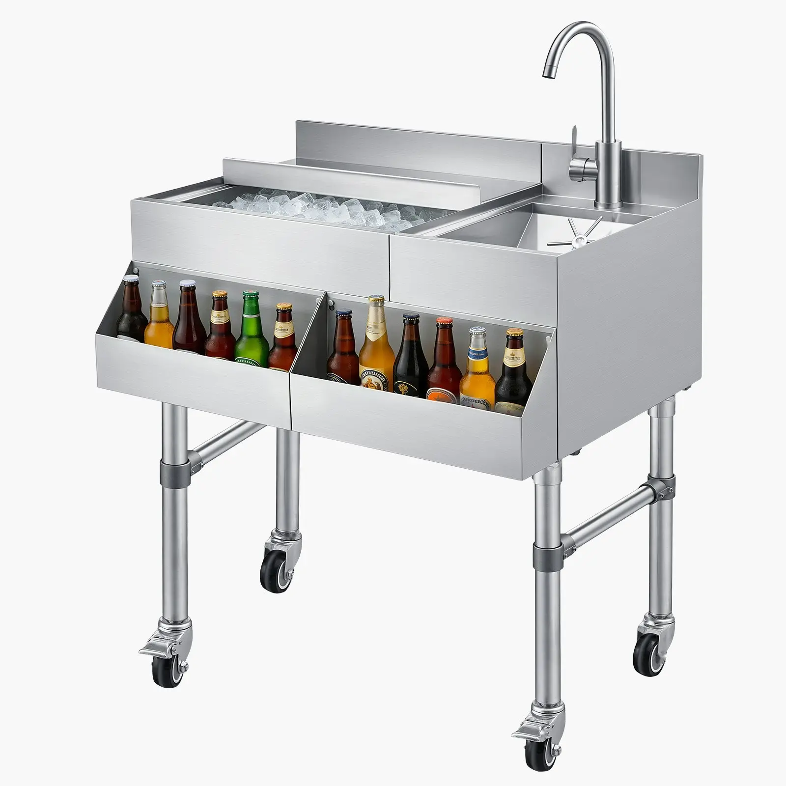 Commercial Ice Bin With Sink and Faucet, 60 Qt Maximum Capacity, 24 x 19 x 35 Inch Stainless Steel Ice Chest With Sliding Lid and Integrated Bottle Holders, Portable Bar Cooler Cart for Restaurants, Bars, Pubs and Catering