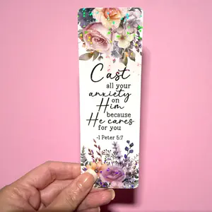 1 Peter 5:7 Christian Bookmark with Holographic Finish Featuring Cast All Your Anxiety on Him Design for Bible Lovers 2"x6" Holographic Dot Glitter Pattern reading bookmark