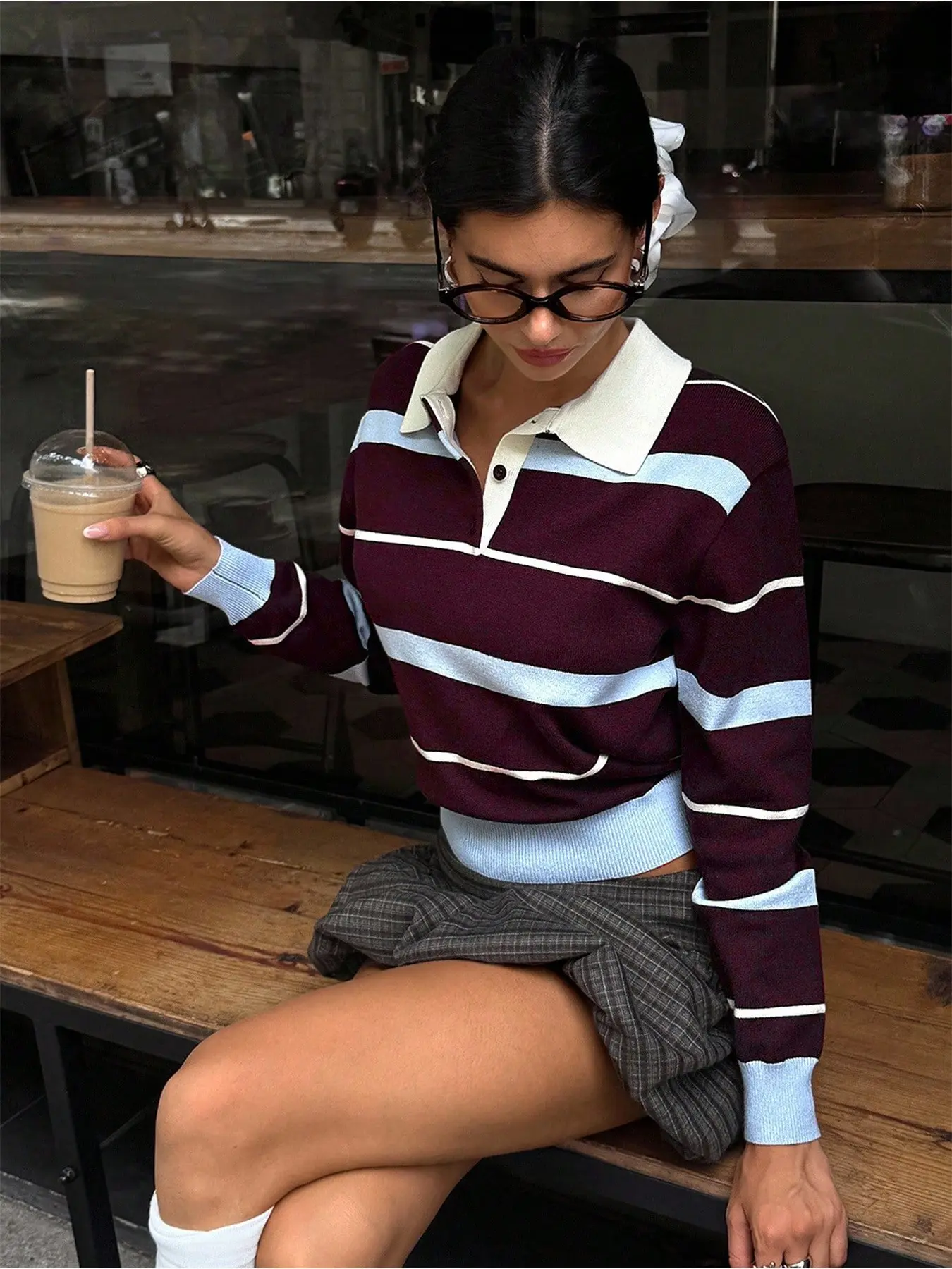 Women's Knitted Polo Shirt Half Button Top, Loose Striped Long Sleeve Blouse for Fall & Winter, Soft Knitwear, Casual Fashion Knitwear, Y2K Street Style, Casual Comfy Collared