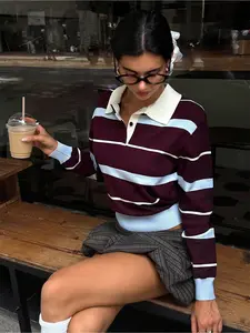 Women's Retro Striped Polo Neck Long Sleeve Fitted Sweatshirt in and Blue, Casual Elegant Style for Fall and Spring, Perfect for Everyday Commuting