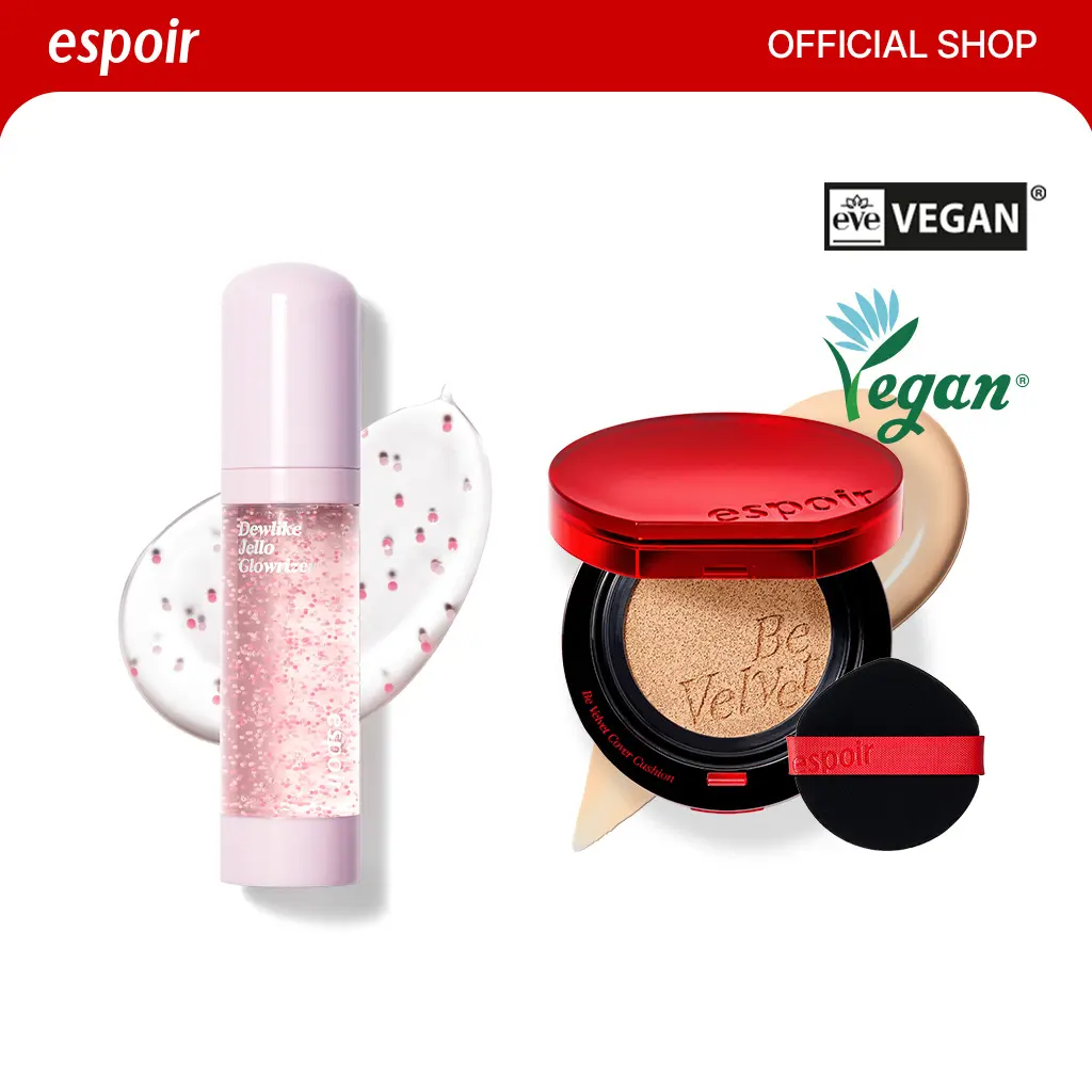 [Espoir Official][Bundle] Dewlike Jello Glowrizer & Be Velvet Cover Cushion Foundation | Hydrating Glow Base & Full Coverage Cushion