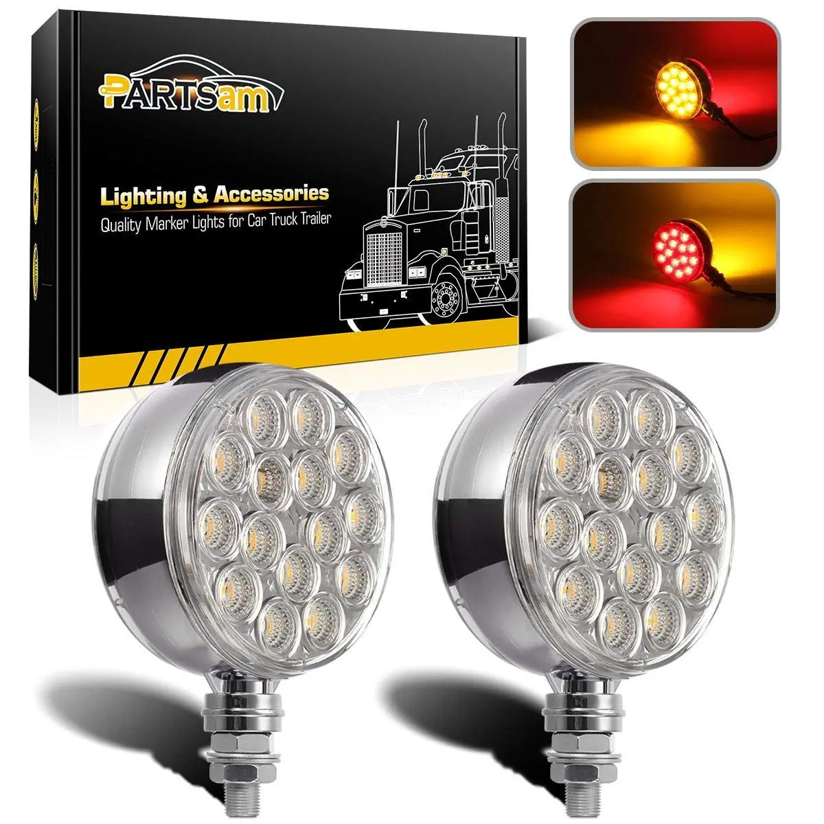 Partsam 2pc 3" Red/Amber Double Face Chrome Round Pedestal Lights 30 LED Sealed Clear Lens Fender Mount Stop Turn Tail Lights Replacement for Peterbilt/Freightliner Trucks Trailers, 10-30V