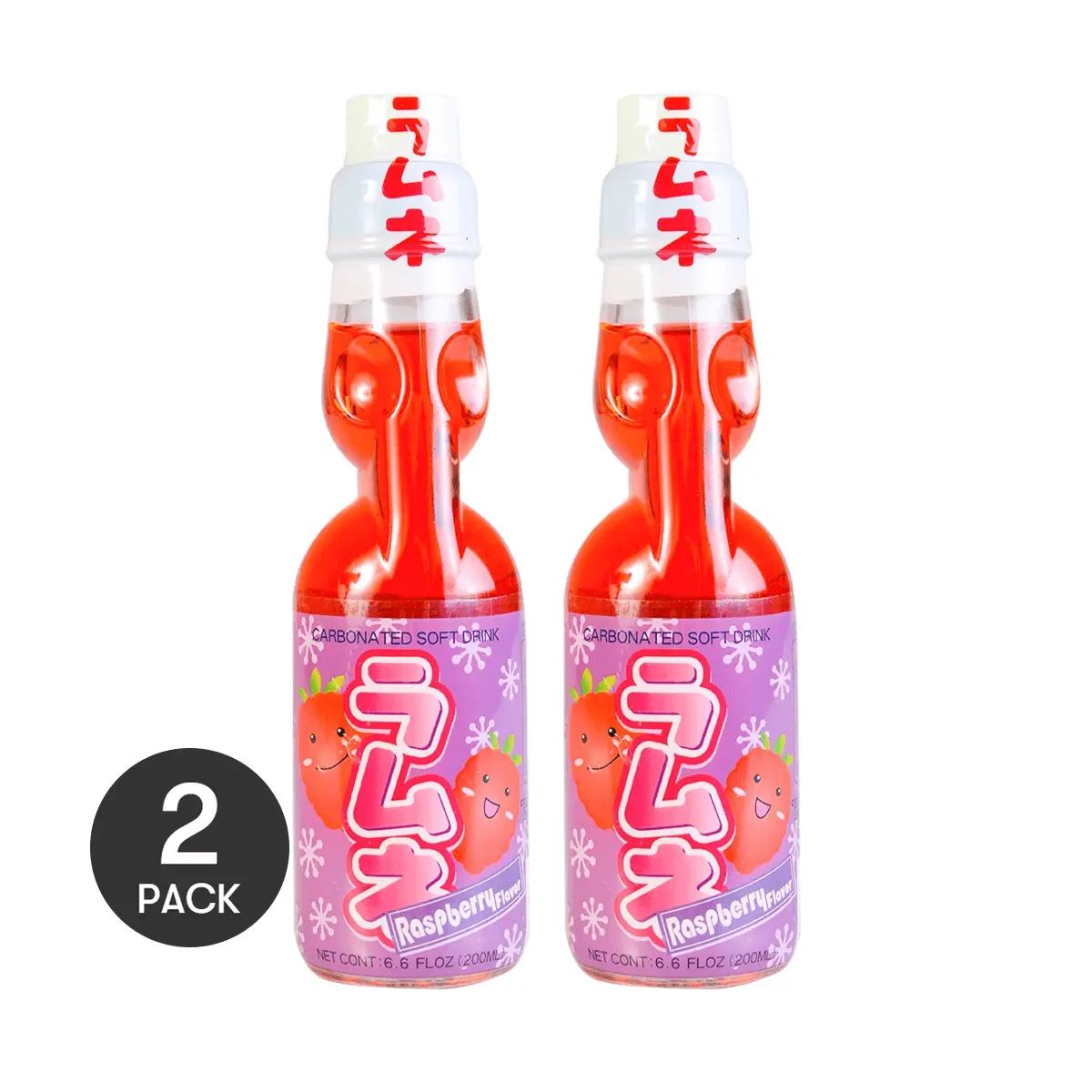 2 Pack HATAKOSEN Japanese Ramune Raspberry Soda - 200ml Bottles