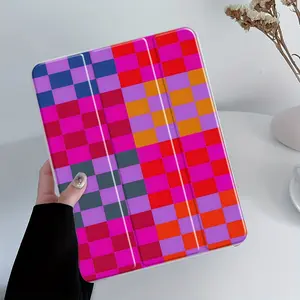 Neon Pink Checkered iPad Case, Tablet Accessories, Tablet Cover, Tablet Casing, Tri-Fold Stand Case, Transparent Acrylic Hard Back, Y2K Pencil and Charger Slots, Ultra-Thin Scratch-Resistant Design for iPad 10.2inch, Mini, Ideal for Work and School
