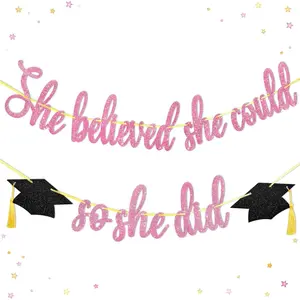 Pink Graduation Decorations 2026, Pre-Strung She Believed She Could So She Did Banner, Glitter Pink Teen Girl Graduation Decoration with Real Tassel Caps, 2026 Grad Party Backdrop Decor