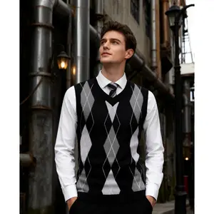Fall Outfits Men's V-Neck Sleeveless Argyle Sweater Vest Slim Fit Casual Knitted Pullover for Spring Autumn Winter Office Wear & Party Events