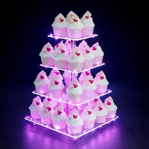 Cupcake Stand, 4-Tier Square Cupcake Holder with LED Light String,  Cupcake Tower Display-Dessert Tower-Pastry Stand-Cupcake Tier Stand for Wedding, Birthday Party (  Light)...