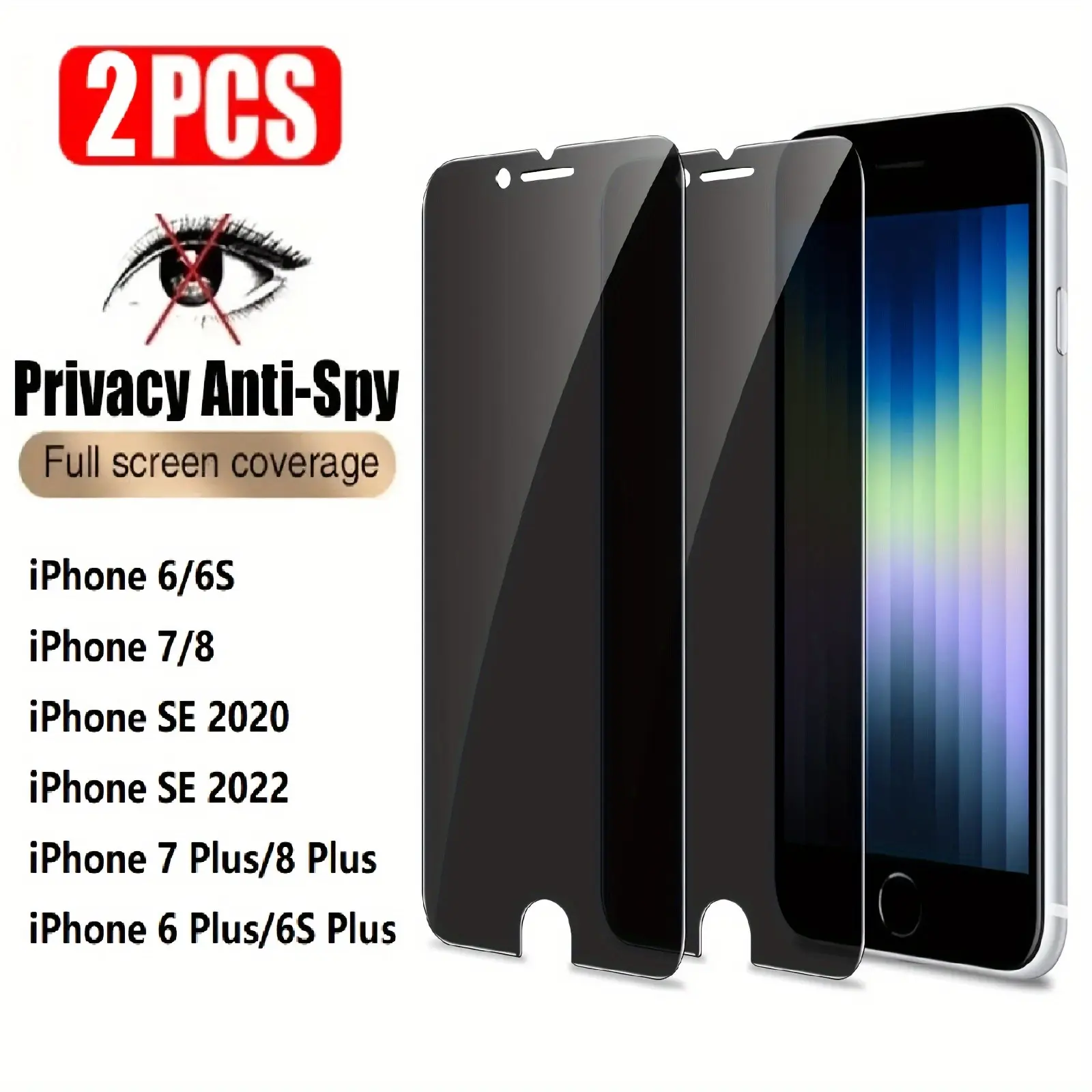 2 Pcs Tempered Glass Privacy Protective Screen Protector for Smartphone iPhone 6/6S/7/8 Plus SE 2020/2022, High Responsive Anti-Spy Glossy Film, Full Coverage Display Guard Accessories
