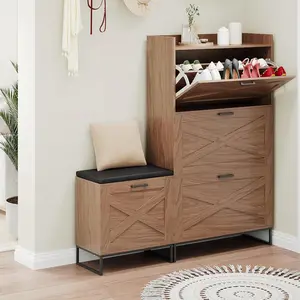 Farmhouse Shoe Cabinet with 4 Flip Drawers and Upholstered Bench, Hidden Compartment Narrow Shoe Storage Organizer with Metal Legs for Entryway, Living Room, Walnut