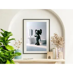 Frameless Kaws ToothBrushing Poster – A Hypebeast Bathroom Wall Art Featuring the Iconic Black Kaws Figure with a Toothbrush, Designed as a Playful Yet Trendy Washroom Decor Reminder for Modern Homes or Urban Spaces.
