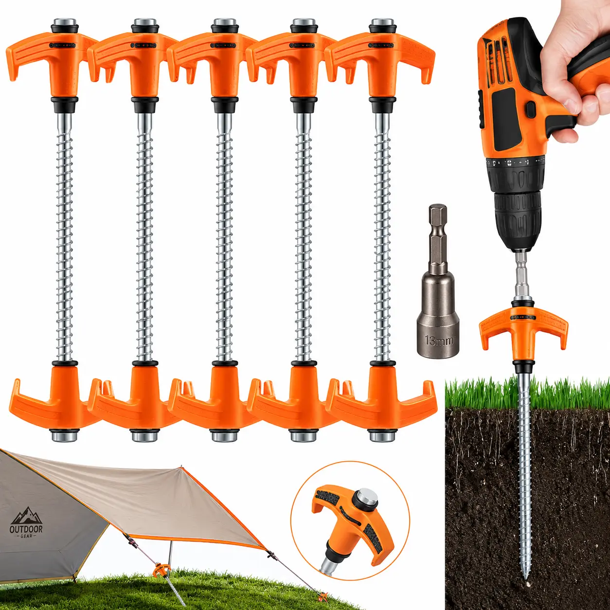 10-Pack High Carbon Steel Tent Stakes, Heavy-Duty Screw-In Canopy Gazebo Tent Pegs for Maximum Holding Power, Includes Hex Socket Adapter, Camping Equipment, Fully Equipped Tent Pegs