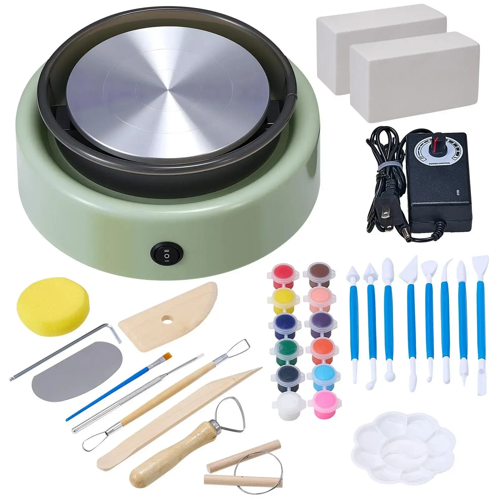 VEVOR Electric Mini Pottery Wheel Art Kit, 6 in Turntable, 0-140 rpm Speed Control, Forward-Reverse Rotation, Aluminum-Built, Ceramics Craft Kit with Shaping Tools, Brush, Apron, Hex Wrench, Encourages Creativity, Kids' Handmade Green Home Handicraft Gift