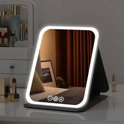 Portable Foldable Makeup Mirror with 3-Color Lighting, Dimming and Touch Controls, Rechargeable LED Vanity Mirror for Travel and Desktop Use, Birthday or Christmas Gift, LED Dimmable Mirror