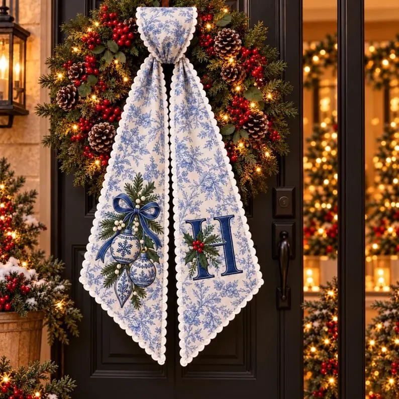 Personalized Ornament Wreath Sash, Blue Toile Monogram Initial Bow, Christmas Front Door Decor, Holiday Gift