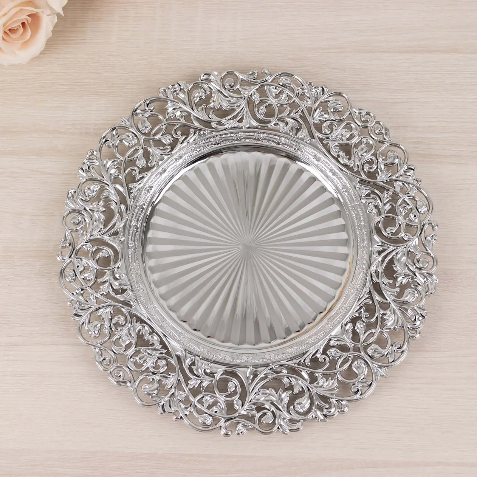 6-Pack 13-Inch Round Silver Acrylic Charger Plates with Vintage Floral Carved Rim - Celebration Use Kitchen Tabletop Decorative Tableware
