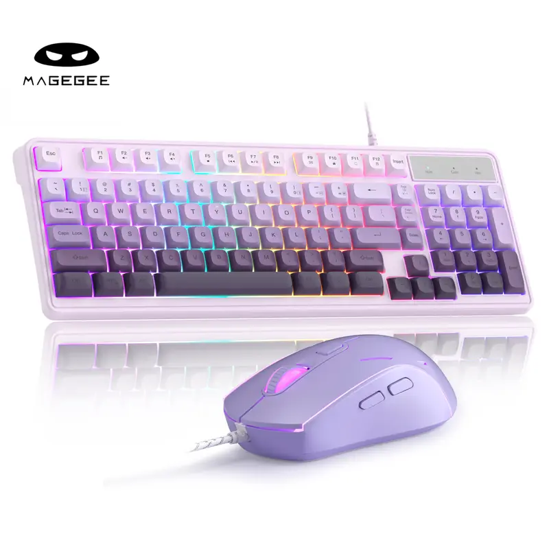 MageGee GK980 Creamy Keyboard and Mouse Combo, It Feels Purple And White Keyboard,Wired RGB Backlit Keyboard and Pink Gaming Mouse Combo,PC Keyboard and Adjustable Sensitivity Mouse for PC/loptop/MAC