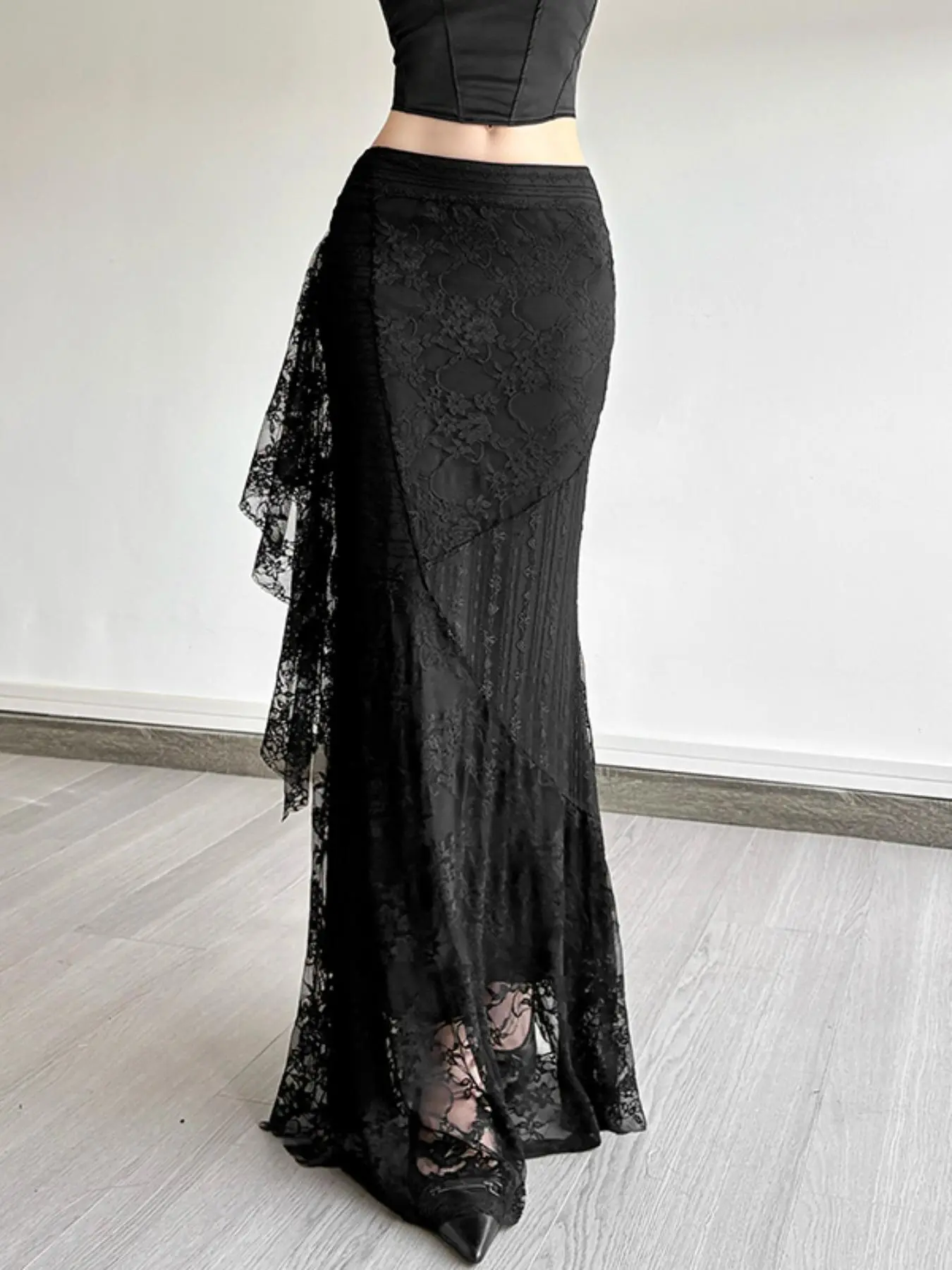 Elegant Women's Asymmetrical Hem Slimming Maxi Cocktail High Split Contour Skirt, Sexy Tight-Fit Long Dress for All Seasons, Perfect for Parties and Special Occasions, Asymmetric Lace Skirt