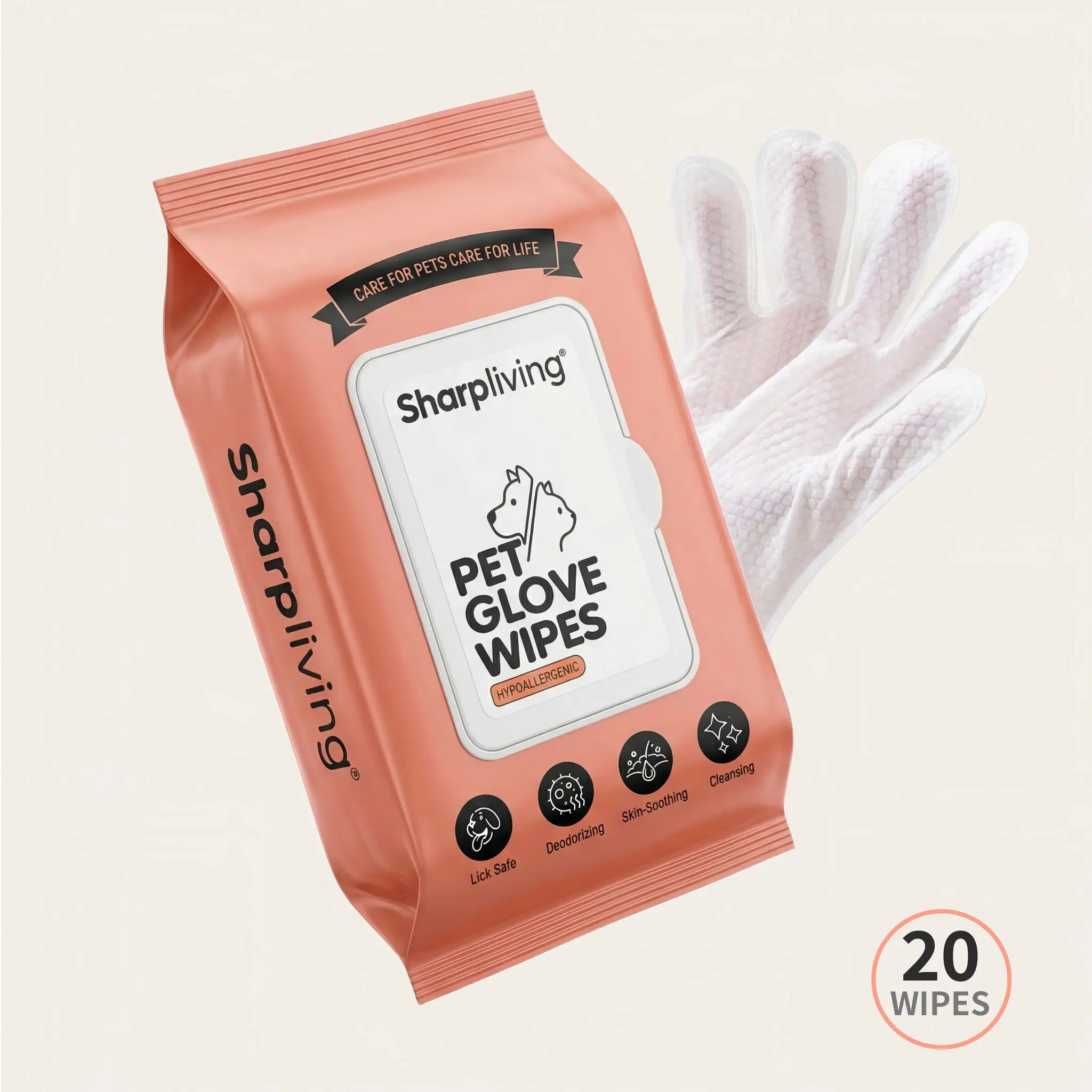 Sharpliving 20Pcs No-Rinse Pet Glove Wipes for Dogs & Cats, 7-in-1 Hypoallergenic Fragrance-Free Grooming Wipes with Oatmeal & Jojoba Oil for Stubborn Odor Eliminating, Skin Soothing, Fur Shine, Safe for Puppies & Post-Surgery Pets