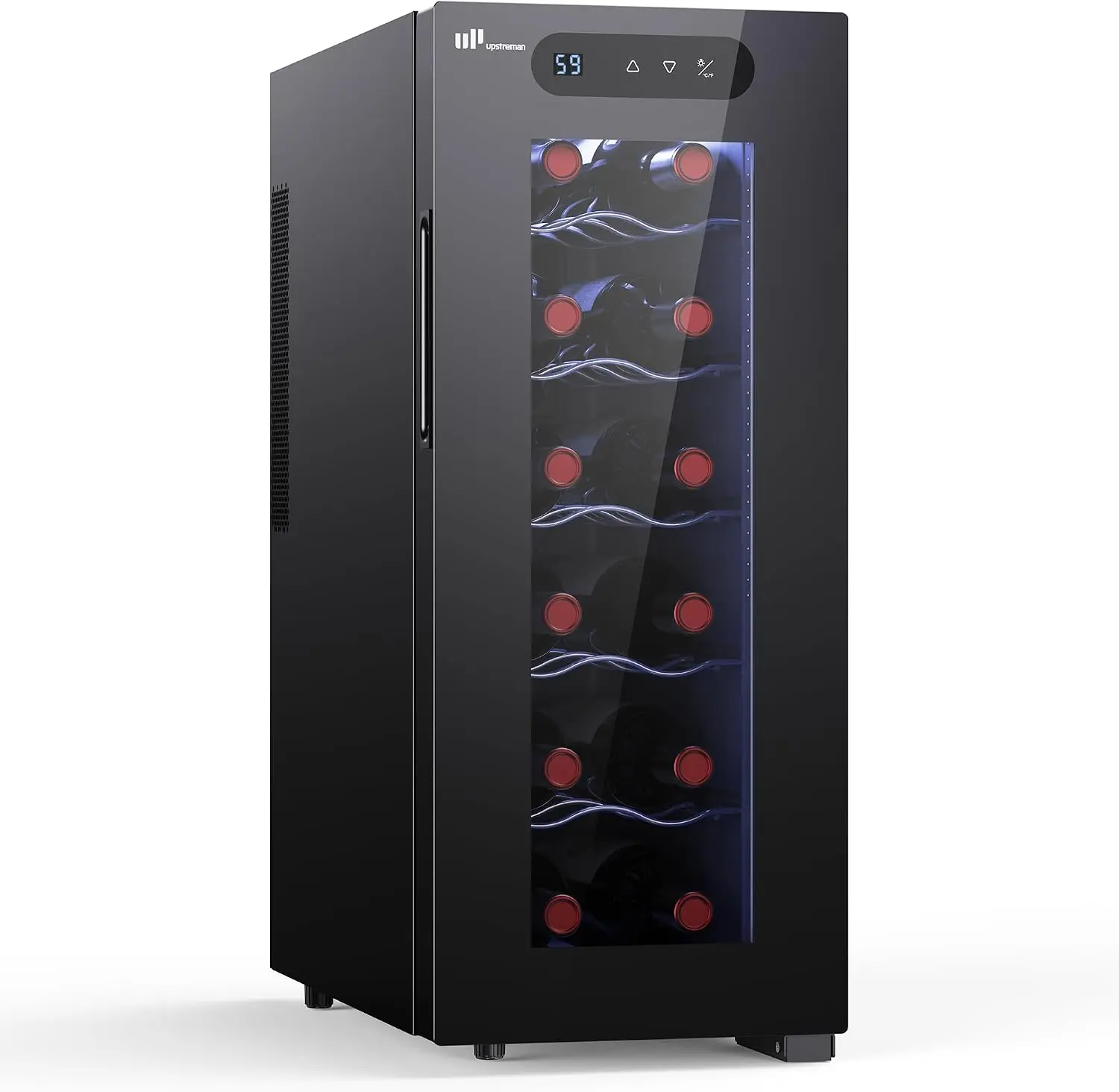 Upstreman 12-Bottle Thermoelectric Wine Cooler Mini Fridge, 41-66°F Temp Control, Quiet Energy-Efficient, Glass Door with Digital Backlit LED Display, for Home/Office/Study - Commercial Refrigerator