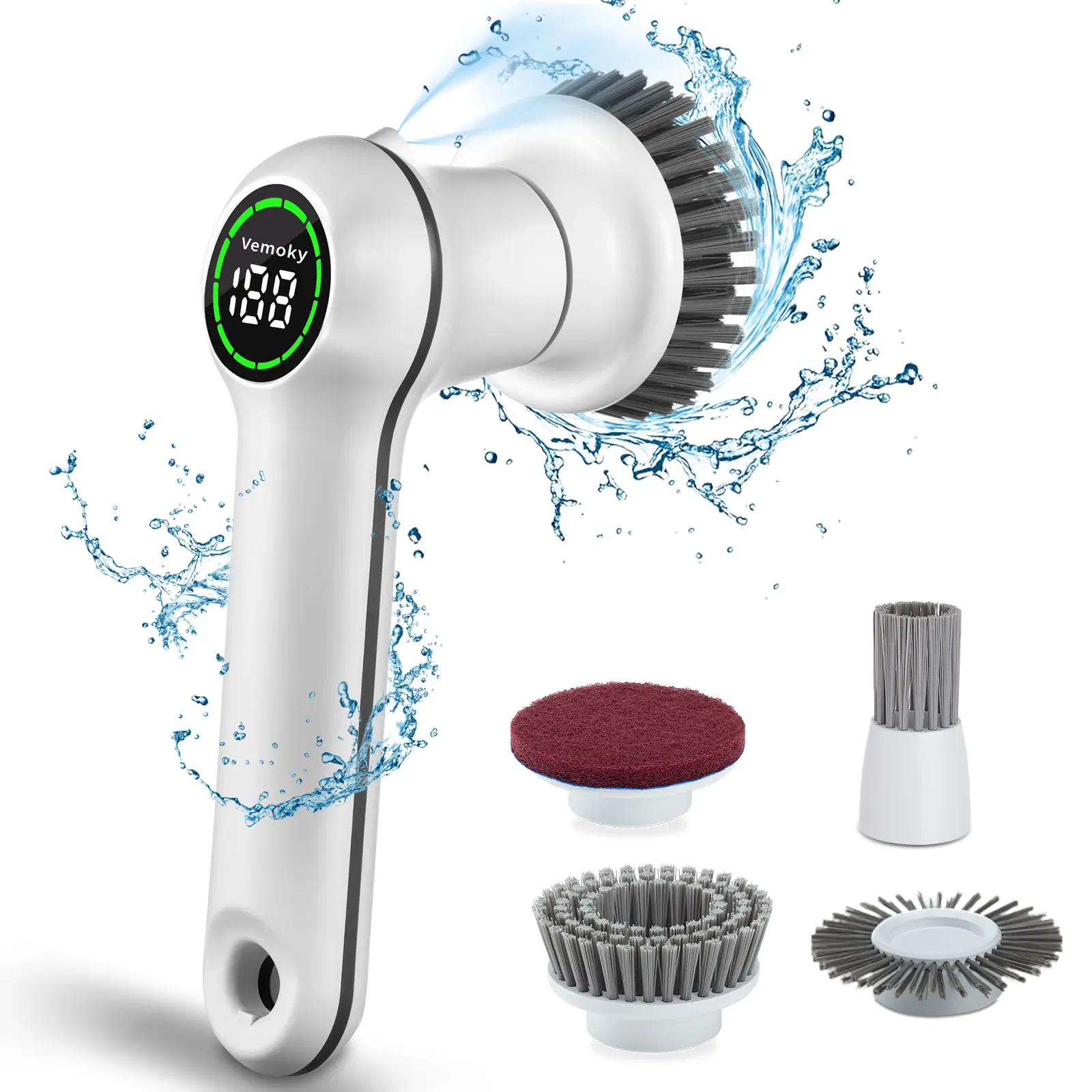 Vemoky Cordless Power Scrubber - USB Rechargeable Rotatable Head Electric Spin Scrubber, 2-Speed Stain Remover, Moisture Resistant, Under 2H Charge, 4 Replaceable Heads, Compact Lightweight ABS Material, for Family & Friends (Kitchen, Bathroom Floors)