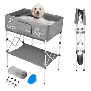 VEVOR Dog Bathtub, Elevated Dog Bath Tub, Collapsible Pet Bathing Grooming Wash Station, Portable Foldable Space-saving, with Built-In Drain Hose for Small and Medium Pet Cat Indoor & Outdoor, Gray