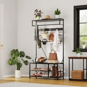 Hall Tree with Bench and Shoe Storage – 5‑in‑1 Entryway Shoe Bench with Coat Rack – 39.37″ Coat & Shoe Rack with Adjustable Shelf, Hanging Rod & 9 Hooks – for Hallway, Mudroom, Bedroom