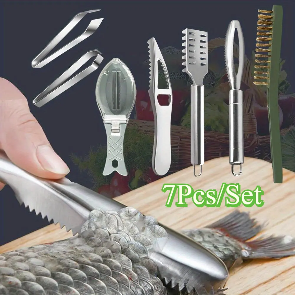 7Pcs Stainless Steel Fish Scale Remover Tool Kit Easy To Use Fish Skin Graters Fish Tweezers Fish Descaler Tool Fish Scraper Scaler with Sawtooth Kitchen Gadget for Seafood Prep