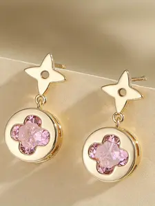 Elegant Four-Leaf Clover Zirconia Stud Earrings, Square Round Shape Ear Piercings for Women, Ideal for Daily Commute Jewelry