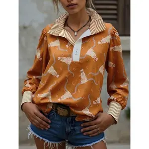 Womens Western Cowboy Print Blouse Long Sleeve Striped Collar Casual Loose Fit Shirt Spring Outfit for Country Concert Festival Rodeo Easter Brunch