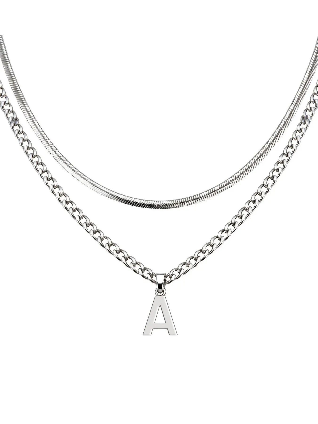 Stainless Steel Letter Cuban Link Design Herringbone Chain Necklaces - Layered Initial A-Z Pendant Fashion Jewelry Easter Basket Stuffers for Boys Men