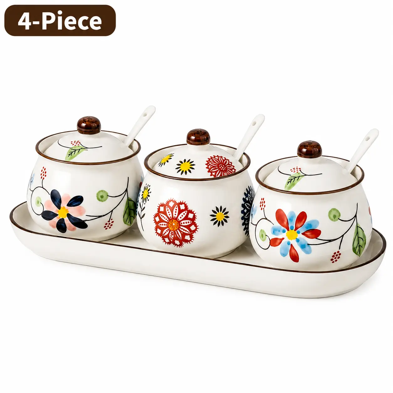 4-Piece Ceramic Seasoning Jar Set with Lids, Spoons, Organizer Tray & Floral Design, Kitchen Utensils for Salt, Sugar, Spices, Countertop Storage