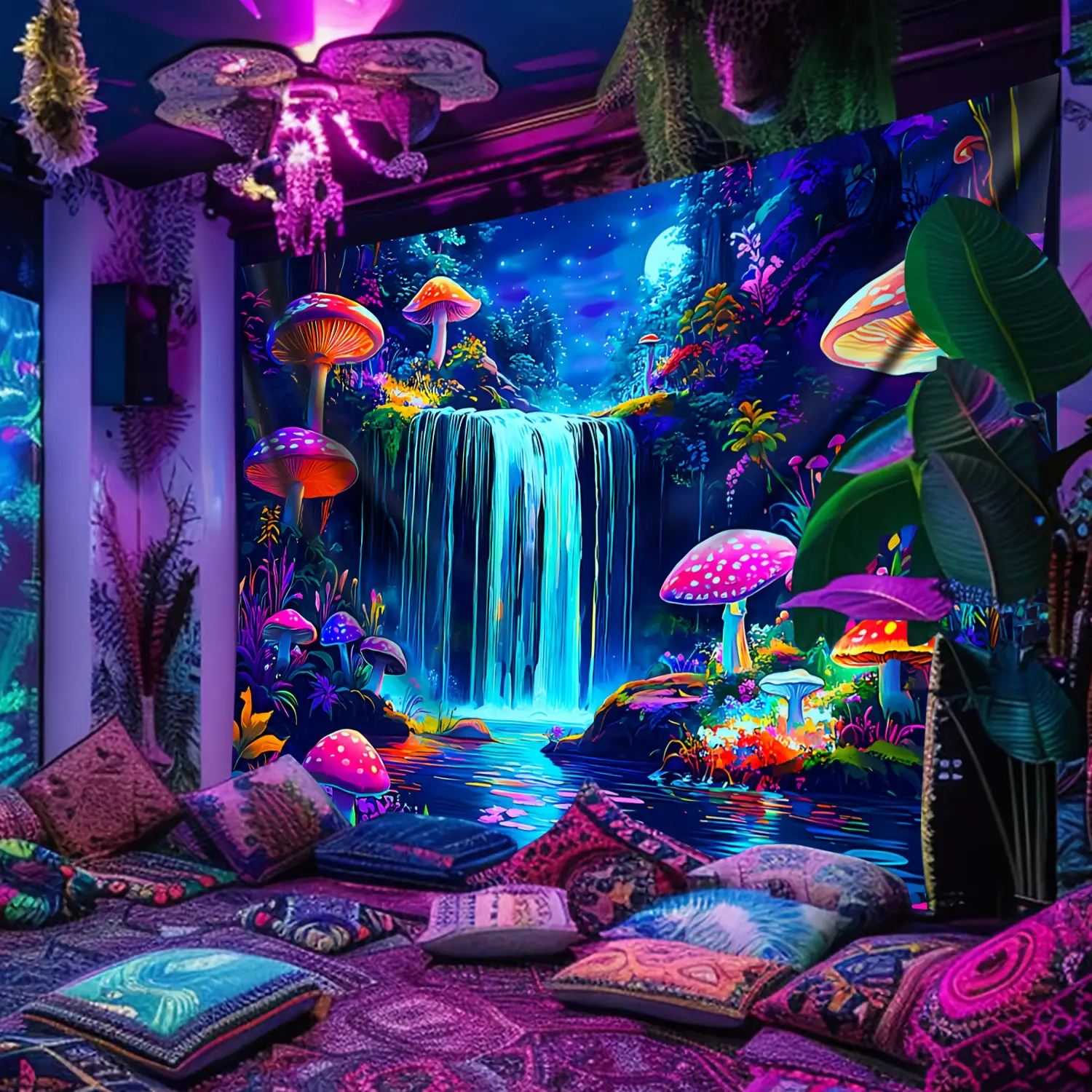 [Vibrant Mushroom Tapestry] 1pc Vibrant Mushroom Mountains Water UV Black Light Tapestry - Large Size Peach Skin Fluorescent Tapestry - Bedroom Aesthetic Hanging Tapestry For Party Festival, Bedroom Office Living Room Home Wall Decoration.