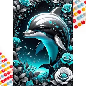 5D DIY Full Drill Diamond Painting - Diamond Painting Kit Dolphin, Rose Mosaic Canvas DIY Wall Art, Home Wall Decoration, Handicraft