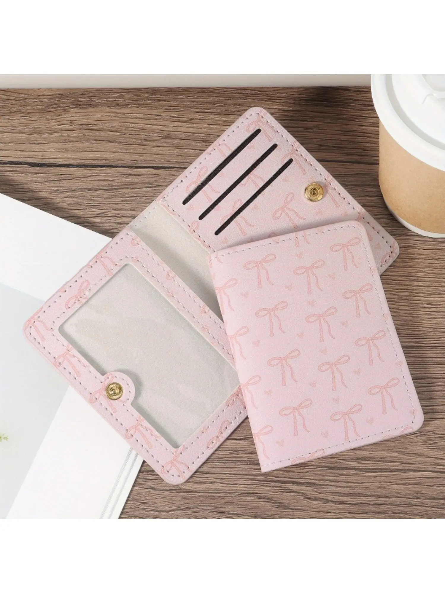 Lady's pink buttoned wallet - heart-shaped bow pattern multi-card slot folding credit card holder, stylish compact storage bag, fashionable card holder, Casual Card Holder