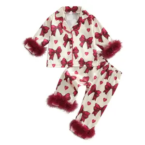 Toddler Kids Little Girls Valentine's Day Satin Pajamas Bow Print Feather Trim Sleeve Button Down Sleepwear Pjs Set