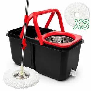 Spin Mop Bucket System with Stainless Steel Wringer, Detachable Double-Basin Design for Compact Storage, 360° Rotatable Mop with 3 Reusable Microfiber Heads, Adjustable Long Handle for All Floor Types