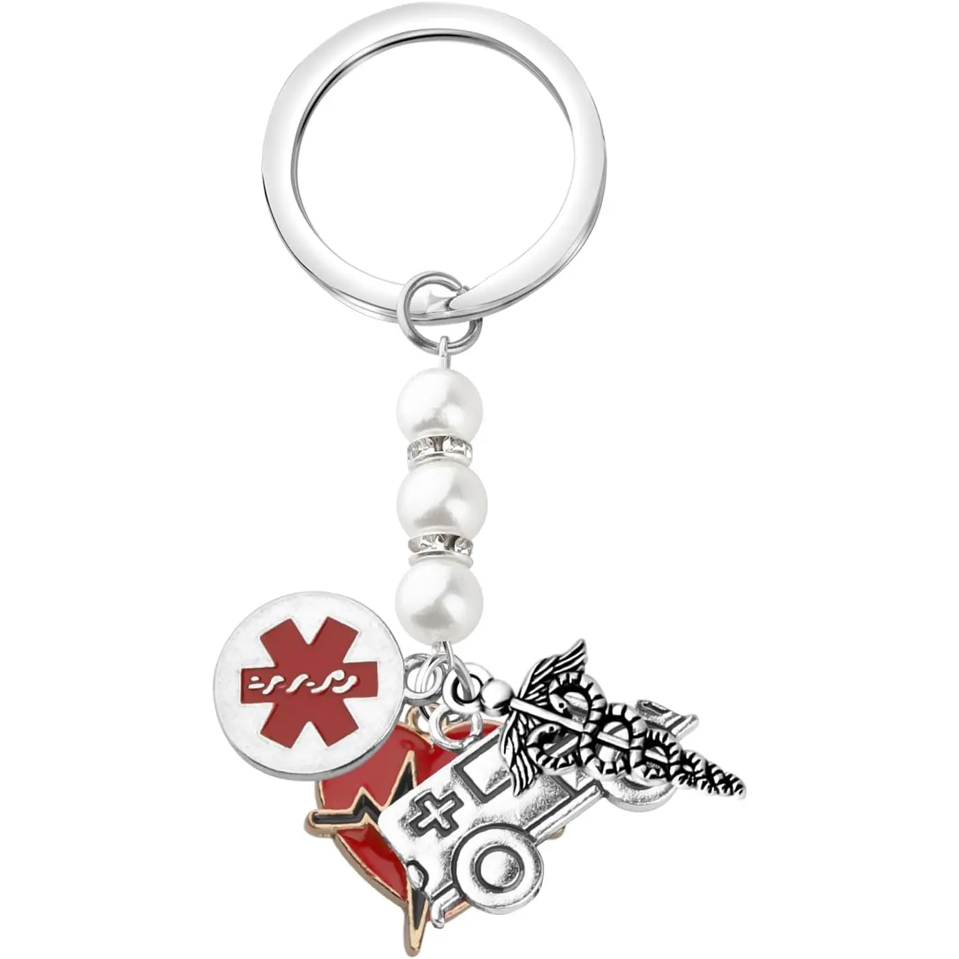 Emergency Medical Technician Keychain Heartbeat Red Alert Ambulance Caduceus Medical Charms Keyring EMT Grad Gift