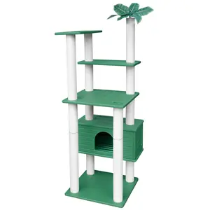 Outdoor Cat Tree with Condo and Green Plant Decoration, 66.93" Waterproof Multi-Level Cat Tower with Polypropylene Rope Scratching Posts for Indoor Outdoor Use, 24.41" L x 23.62" W x 66.93" H