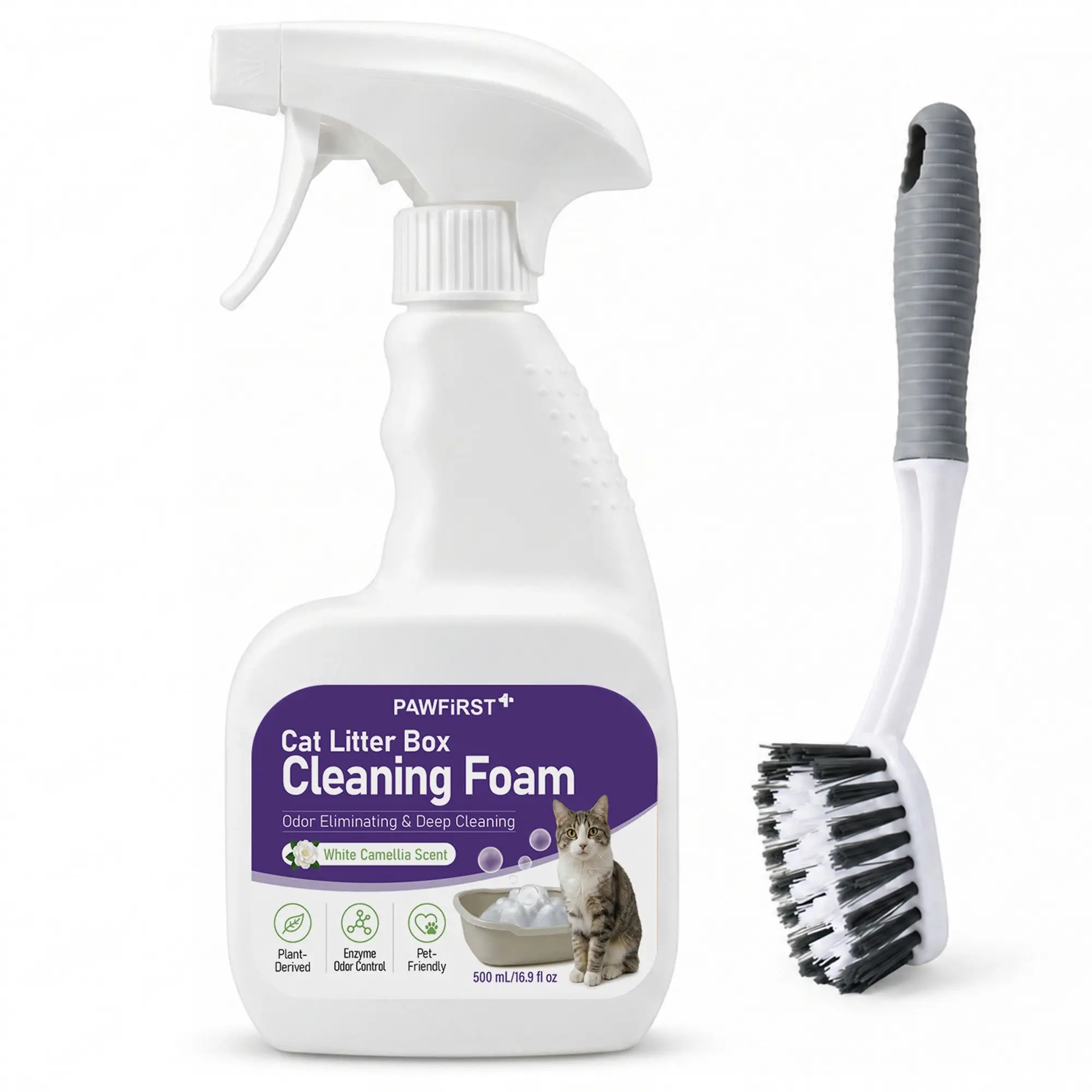 Pawfirst Cat Litter Box Enzyme Foam Cleaner Set 500ml, Plant-Derived Odor Destroyer with Cleaning Brush, Mild White Camellia Scent Stain Remover, Gentle for Kittens & Small Pet