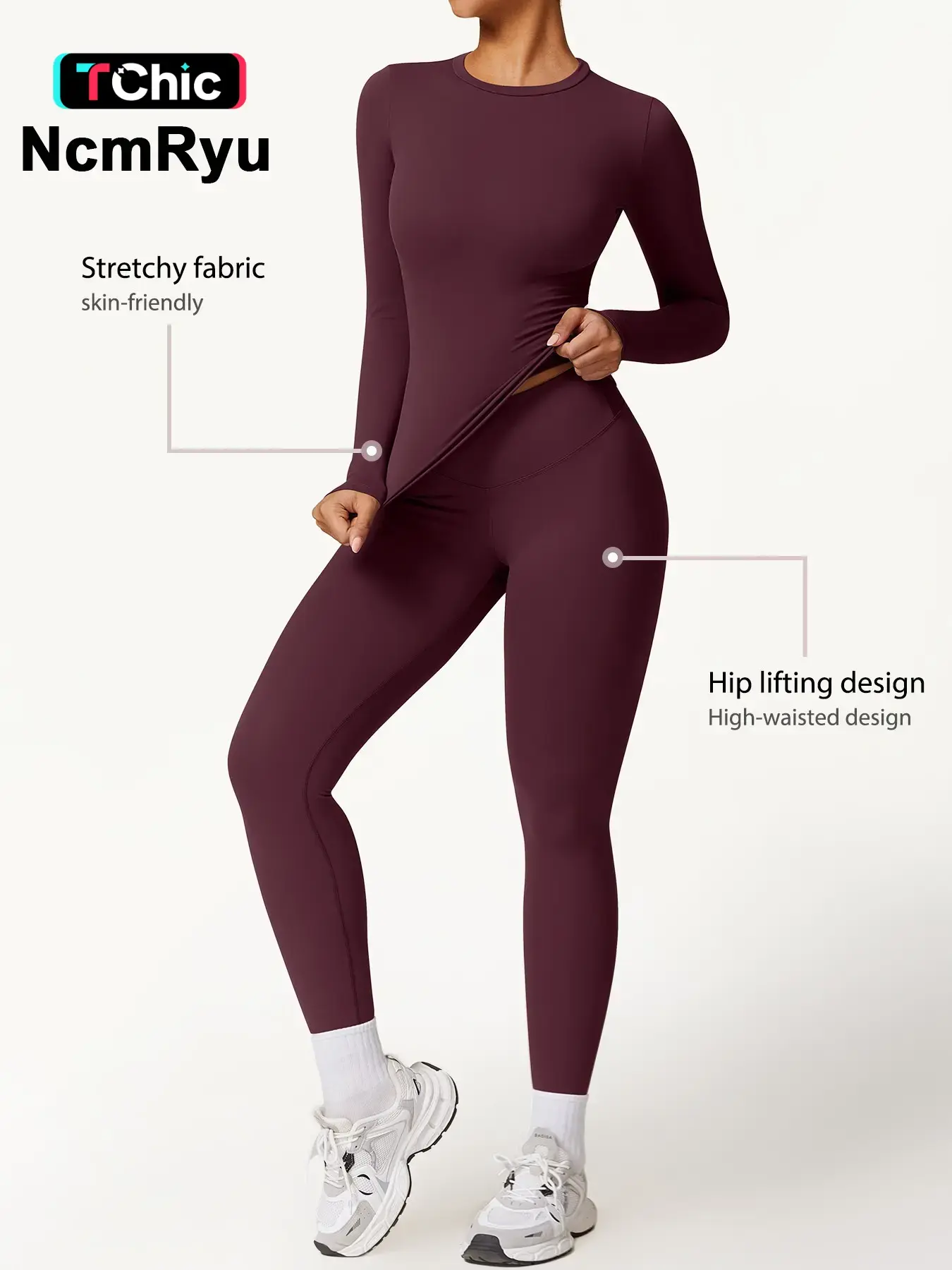 Two-Piece Set Women's Patchwork High Elastic Soft Round Neck Flat Shoulder Long Sleeve Slim Fit Hip Tight Pants Yoga Clothes suit Workout Running Clothes Outdoor Running Cycling Hiking Fashion suit Gym, Workout Sets Women