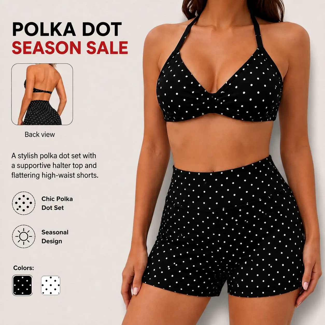 MathCat Women's 2-Piece Polka Dot Athleisure Activewear Set - Halter Sports Bra, High-Waist Biker Shorts, Stretchy Breathable Gym Apparel for Fitness, Daily Wear, 2 Piece Sets