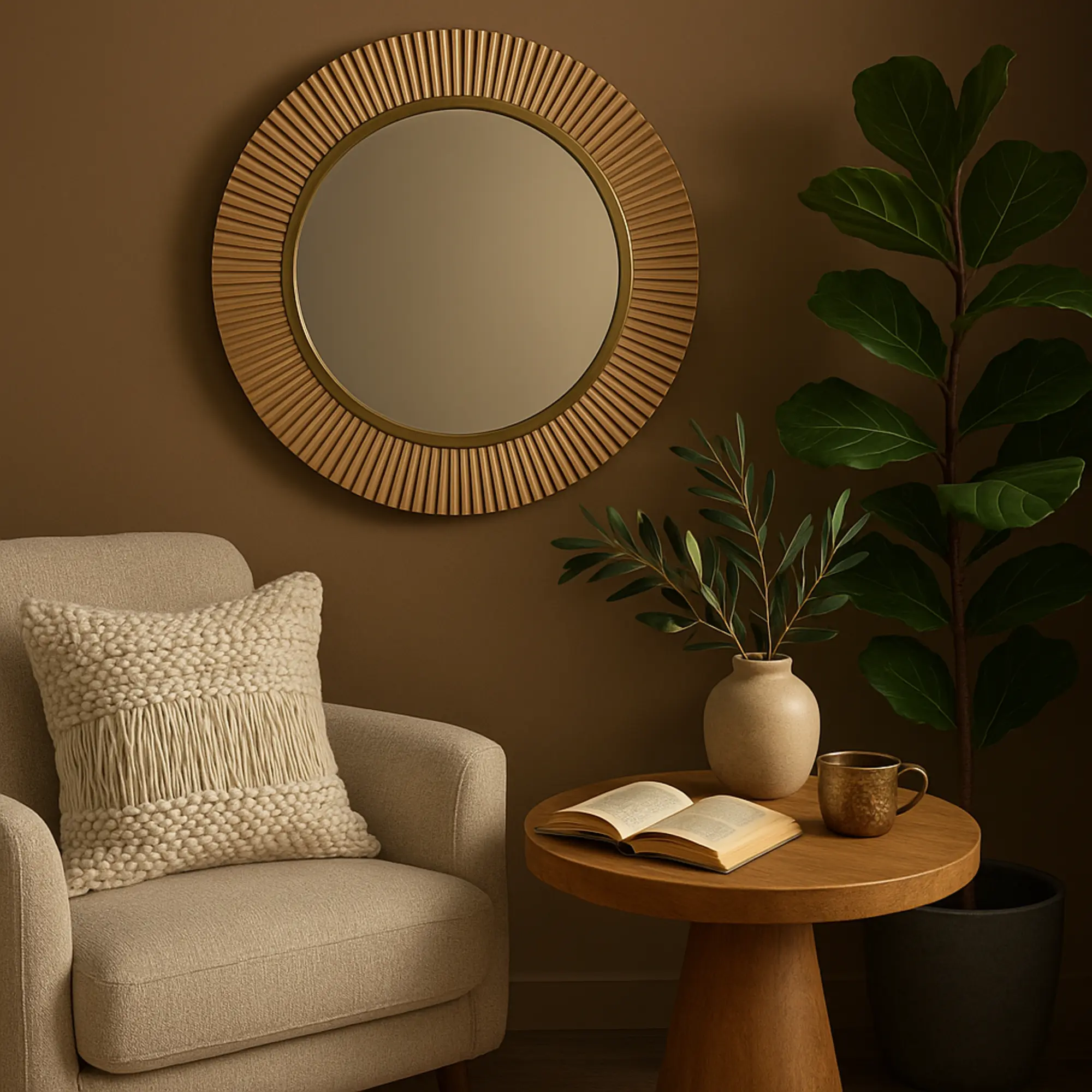 Farmhouse Brown Wood Fluted Wall Mirror with Scalloped Edge, Iron-MDF Frame, Home Decor for Entryway Room, Round