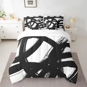 Feelyou Adults 7-Piece Black and White Modern Stripe Microfiber Bedding Set - Decorative Comforter Set with Comforter, Sheets, Pillowcases and Cushion Covers, Decorative Bedding Set