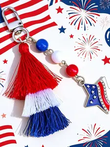 July 4th Patriotic Keychain, Blue Fringe Bag Charm, Star Alloy Pendant, Beaded Decoration, American Flag Key Ring, Independence Day Gift Accessory